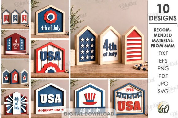 4th of July Houses Bundle Laser Cut: Festive Digital Decor